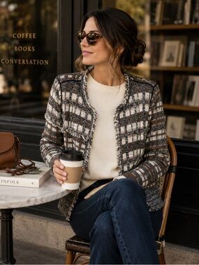 Cabi #4097 Textured Fringe Cardigan Jacket Neutral Plaid Open Front Sweater M